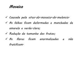 Mosaico
 Causada pelo vírus-do-mosaico-da-melancia.
 As folhas ficam deformadas e manchadas de
amarelo e verde-claro;
 Redução do tamanho dos frutos;
 As flores ficam anormalizadas e não
frutificam.
 