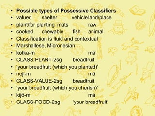 Possible types of Possessive Classifiers valued shelter  vehicle land/place plant/for planting mats raw cooked chewable fish animal Classification is fluid and contextual Marshallese, Micronesian kötka-m mä CLASS-PLANT-2sg breadfruit ‘ your breadfruit (which you planted)’ neji-m mä CLASS-VALUE-2sg breadfruit ‘ your breadfruit (which you cherish)’ kijö-m mä CLASS-FOOD-2sg ‘your breadfruit’ 