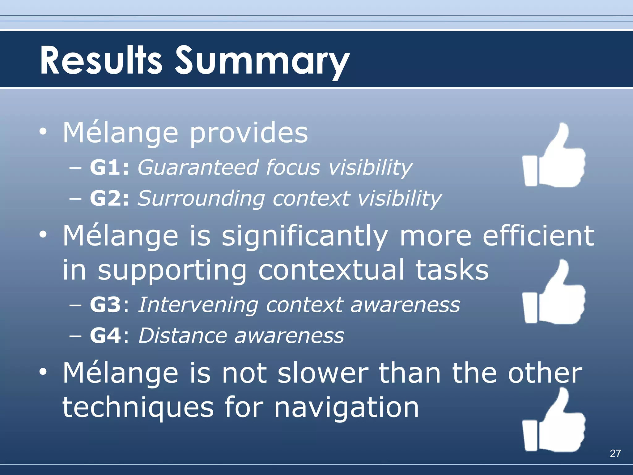 Results Summary Mélange provides G1:  Guaranteed focus visibility G2:  Surrounding context visibility Mélange is significantly more efficient in supporting contextual tasks G3 :  Intervening context awareness G4 :  Distance awareness Mélange is not slower than the other techniques for navigation 