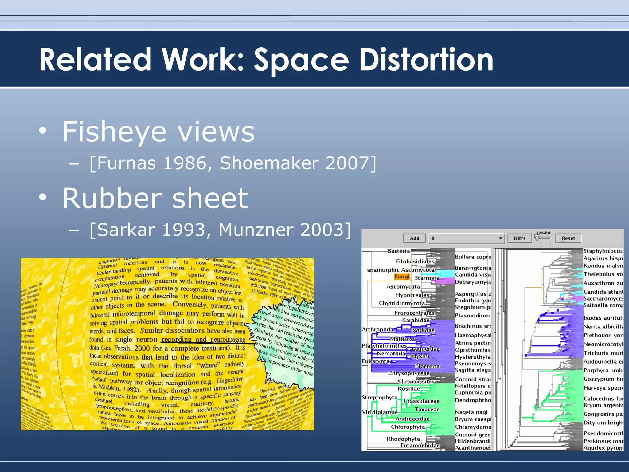 Related Work: Space Distortion Fisheye views [Furnas 1986, Shoemaker 2007] Rubber sheet [Sarkar 1993, Munzner 2003] 