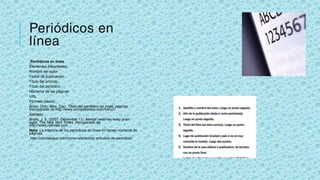 Periódicos en
línea
 Periódicos en línea
Elementos importantes:
Nombre del autor
Fecha de publicación
Título del artículo
Título del periódico
Números de las páginas
URL
Formato básico:
Autor. (Año, Mes, Día). Título del periódico en línea, páginas.
Recuperado de http://www.someaddress.com/full/url/
Ejemplo:
Brody, J. E. (2007, December 11). Mental reserves keep brain
agile. The New York Times. Recuperado de
http://www.nytimes.com
Nota: La mayoría de los periódicos en línea no tienen números de
páginas.
http://normasapa.com/como-referenciar-articulos-de-periodico/
 