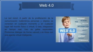 Web 4.0
La red móvil. A partir de la proliferación de la
comunicación inalámbrica, personas y objetos se
conectan en cualquier momento y en cualquier
lugar del mundo físico o virtual. O sea, integración
en tiempo real. Uso de gafas especiales.
Podremos dialogar de forma natural y en linea con
una agente virtual inteligente.
 