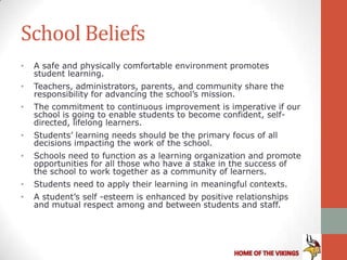 School Beliefs
•   A safe and physically comfortable environment promotes
    student learning.
•   Teachers, administrators, parents, and community share the
    responsibility for advancing the school’s mission.
•   The commitment to continuous improvement is imperative if our
    school is going to enable students to become confident, self-
    directed, lifelong learners.
•   Students’ learning needs should be the primary focus of all
    decisions impacting the work of the school.
•   Schools need to function as a learning organization and promote
    opportunities for all those who have a stake in the success of
    the school to work together as a community of learners.
•   Students need to apply their learning in meaningful contexts.
•   A student’s self -esteem is enhanced by positive relationships
    and mutual respect among and between students and staff.
 