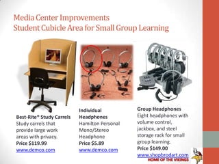 Media Center Improvements
Student Cubicle Area for Small Group Learning




                           Individual          Group Headphones
Best-Rite® Study Carrels   Headphones          Eight headphones with
Study carrels that         Hamilton Personal   volume control,
provide large work         Mono/Stereo         jackbox, and steel
areas with privacy.        Headphone           storage rack for small
Price $119.99              Price $5.89         group learning.
www.demco.com              www.demco.com       Price $149.00
                                               www.shopbrodart.com
 