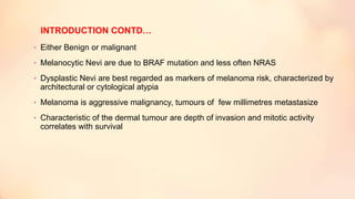 • Either Benign or malignant
• Melanocytic Nevi are due to BRAF mutation and less often NRAS
• Dysplastic Nevi are best regarded as markers of melanoma risk, characterized by
architectural or cytological atypia
• Melanoma is aggressive malignancy, tumours of few millimetres metastasize
• Characteristic of the dermal tumour are depth of invasion and mitotic activity
correlates with survival
INTRODUCTION CONTD…
 