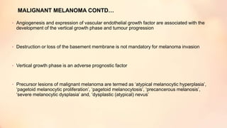 MALIGNANT MELANOMA CONTD…
• Angiogenesis and expression of vascular endothelial growth factor are associated with the
development of the vertical growth phase and tumour progression
• Destruction or loss of the basement membrane is not mandatory for melanoma invasion
• Vertical growth phase is an adverse prognostic factor
• Precursor lesions of malignant melanoma are termed as ‘atypical melanocytic hyperplasia’,
‘pagetoid melanocytic proliferation’, ‘pagetoid melanocytosis’, ‘precancerous melanosis’,
‘severe melanocytic dysplasia’ and, ‘dysplastic (atypical) nevus’
 