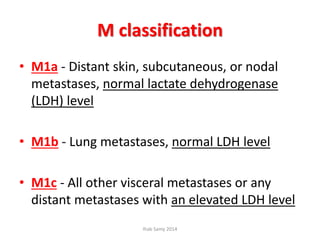M classification
• M1a - Distant skin, subcutaneous, or nodal
metastases, normal lactate dehydrogenase
(LDH) level
• M1b - Lung metastases, normal LDH level
• M1c - All other visceral metastases or any
distant metastases with an elevated LDH level
Ihab Samy 2014
 