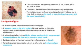 Lentigo maligna 
 It is in situ type & similar to superficial spreading type. 
 It remains close to the skin surface for quite a while, and usually 
appears as a flat or mildly elevated mottled tan, brown or dark brown 
discolouration. 
 It is found most often in the elderly, arising on chronically sun-exposed, 
damaged skin on the face, ears, arms and upper trunk. 
 Lentigo maligna is the most common form of melanoma in Hawaii. 
 When this cancer becomes invasive, it is referred to as lentigo maligna 
melanoma. 
 The colour varies, and you may see areas of tan, brown, black, 
red, blue or white. 
 This type of melanoma can occur in a previously benign mole. 
 The melanoma can be found almost anywhere on the body, but is 
most likely to occur on the trunk in men, the legs in women, and 
the upper back in both. 
 