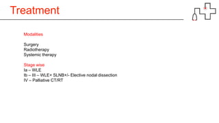 Treatment
Modalities
Surgery
Radiotherapy
Systemic therapy
Stage wise
Ia – WLE
Ib – III – WLE+ SLNB+/- Elective nodal dissection
IV – Palliative CT/RT
 