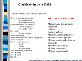 Clasificación de la OMS

TUMORES MELANOCITICOS BENIGNOS

Nevos melanocíticos congénitos                        MELANOMA MALIGNO
          de tipo superficial
          Nódulos proliferativos
Lesiones melanociticas dermicas                       Melanoma de diseminación
          Mancha mongolica                            superficial
          Nevo de Ito y Ota                           Nodular
Nevo azul
          Nevo azul celular
                                                      Lentigo maligno
Nevos combinados                                      Melanoma acral-lentiginoso
Manchas melanocíticas y nevos lentiginosos            Melanoma desmoplásico
Nevos displásicos                                     Melanoma originado de nevo
Nevos de sitios específicos
          Acral
                                                      congénito
          Genital                                     Melanoma de la niñez
          Nevo Meyerson                               Melanoma nevoide
Nevo persistente (recurrente)                         Melanoma persistente
Nevo de Spitz
Nevo de Reed
Halo Nevo
                       WHO; Classification of the Tumours, Pathology and Genetics of tumors of the Skin. 2004
 