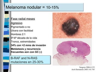 Melanoma nodular = 10-15%

 Fase radial meses
 Agresivo
   Pigmentado o no
   Ulcera con facilidad
   Hombres 2:1
   5ª-6ª década de la vida
   Tronco, extremidades
   34% con >2 mms de invasión
   Metástasis y recurrencia
    frecuentes aún con GC (-)

    B-RAF and N-RAS
    B-RAF and N-RAS
    mutaciones en 25-30%
    mutaciones en 25-30%
                                          Surgeon 2006:4:153
                                 Arch Dermatolo 2005:141:745
 