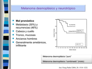 Melanoma desmoplásico y neurotrópico


   Mal pronóstico
   Metástasis (30%) y
    recurrencias (46%)
   Cabeza y cuello
   Tronco, mucosas
   Ancianos hombres
   Generalmente amelánicos,
    infiltrante



                         Melanoma desmoplásico “puro”

                         Melanoma desmoplásico “combinado” (mixto)

                                        Am J Surg Pathol 2004; 28: 1518–1525.
 