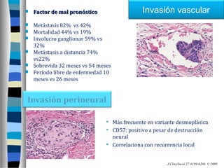    Factor de mal pronóstico                    Invasión vascular
   Metástasis 82% vs 42%
   Mortalidad 44% vs 19%
   Involucro ganglionar 59% vs
    32%
   Metástasis a distancia 74%
    vs22%
   Sobrevida 32 meses vs 54 meses
   Periodo libre de enfermedad 10
    meses vs 26 meses




                                    Más frecuente en variante desmoplásica
                                    CD57: positivo a pesar de destrucción
                                     neural
                                    Correlaciona con recurrencia local


                                                          J Clin Oncol 27:6199-6206. © 2009
 