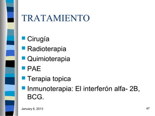 TRATAMIENTO
 Cirugía
 Radioterapia
 Quimioterapia
 PAE
 Terapiatopica
 Inmunoterapia: El interferón alfa- 2B,
  BCG.
January 6, 2013                            47
 