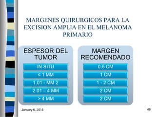 MARGENES QUIRURGICOS PARA LA
 EXCISION AMPLIA EN EL MELANOMA
            PRIMARIO




January 6, 2013                   49
 