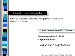 Fase de crecimiento radial

Patrón de crecimiento horizontal, intraepidérmico, preinvasor o
mínimamente invasor



                                    Fase de crecimiento vertical

                                Patrón de crecimiento dérmico,
                                Y tejido subcutáneo.

                                   CAPACIDAD DE METÁSTASIS



                                     Adv Anat Pathol Volume 17, Number 2, March 2010
 