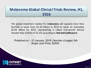 Melanoma Global Clinical Trials Review, H1,
2016
Published on – 31,January, 2016 | Number of pages :NA
Single User Price: $2500
The global treatment market for melanoma will expand more than
fourfold in value from $1.34 billion in 2013 to reach an estimated
$5.64 billion by 2023, representing a robust Compound Annual
Growth Rate (CAGR) of 15.5%, according to MarketIntelReports
 