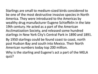 Starlings are small to medium-sized birds considered to
be one of the most destructive invasive species in North
America. They were introduced to the Americas by
wealthy drug manufacturer Eugene Schieffelin in the late
19th century. He acted as a part of the American
Acclimatization Society, and released some hundred
starlings in New York City’s Central Park in 1890 and 1891.
By 1950 starlings could be found coast to coast, north
past Hudson Bay and south into Mexico. Their North
American numbers today top 200 million.
Why is the starling and Eugene's act a part of the MELA
quiz?
 
