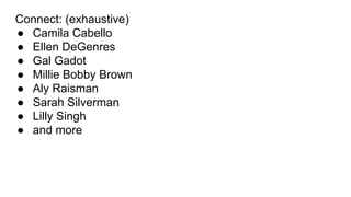 Connect: (exhaustive)
● Camila Cabello
● Ellen DeGenres
● Gal Gadot
● Millie Bobby Brown
● Aly Raisman
● Sarah Silverman
● Lilly Singh
● and more
 