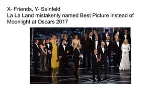X- Friends, Y- Seinfeld
La La Land mistakenly named Best Picture instead of
Moonlight at Oscars 2017
 