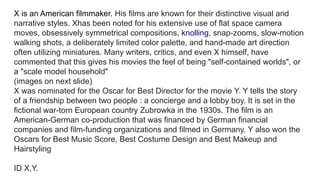 X is an American filmmaker. His films are known for their distinctive visual and
narrative styles. Xhas been noted for his extensive use of flat space camera
moves, obsessively symmetrical compositions, knolling, snap-zooms, slow-motion
walking shots, a deliberately limited color palette, and hand-made art direction
often utilizing miniatures. Many writers, critics, and even X himself, have
commented that this gives his movies the feel of being "self-contained worlds", or
a "scale model household"
(images on next slide)
X was nominated for the Oscar for Best Director for the movie Y. Y tells the story
of a friendship between two people : a concierge and a lobby boy. It is set in the
fictional war-torn European country Zubrowka in the 1930s. The film is an
American-German co-production that was financed by German financial
companies and film-funding organizations and filmed in Germany. Y also won the
Oscars for Best Music Score, Best Costume Design and Best Makeup and
Hairstyling
ID X,Y.
 