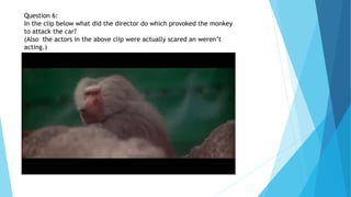 Question 6:
In the clip below what did the director do which provoked the monkey
to attack the car?
(Also the actors in the above clip were actually scared an weren’t
acting.)
 
