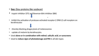 • Soy: (Soy proteins like soybean)
• trypsin inhibitor (STI) and Bowman-Birk inhibitor (BBI)
• inhibit the activation of protease-activated receptor-2 (PAR-2) cell receptors on
keratinocytes
• -thereby blocking phagocytosis of melanosomes
• -uptake of melanin by keratinocytes.
• Used alone or in combination with retinol, salicylic acid, or sunscreens
• Used to reduce signs of photodamage and PIH in all skin types
 