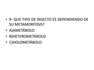 • 9- QUE TIPO DE INSECTO ES DEPENDIENDO DE
SU METAMORFOSIS?
• A)AMETÁBOLO
• B)HETEROMETÁBOLO
• C)HOLOMETÁBOLO
 