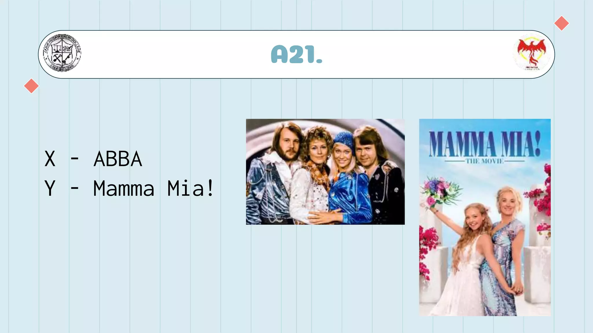 A21.
X - ABBA
Y - Mamma Mia!
 