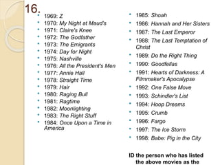 16. 1969: Z
 1970: My Night at Maud's
 1971: Claire's Knee
 1972: The Godfather
 1973: The Emigrants
 1974: Day for Night
 1975: Nashville
 1976: All the President's Men
 1977: Annie Hall
 1978: Straight Time
 1979: Hair
 1980: Raging Bull
 1981: Ragtime
 1982: Moonlighting
 1983: The Right Stuff
 1984: Once Upon a Time in
America
 1985: Shoah
 1986: Hannah and Her Sisters
 1987: The Last Emperor
 1988: The Last Temptation of
Christ
 1989: Do the Right Thing
 1990: Goodfellas
 1991: Hearts of Darkness: A
Filmmaker's Apocalypse
 1992: One False Move
 1993: Schindler's List
 1994: Hoop Dreams
 1995: Crumb
 1996: Fargo
 1997: The Ice Storm
 1998: Babe: Pig in the City
ID the person who has listed
the above movies as the
 