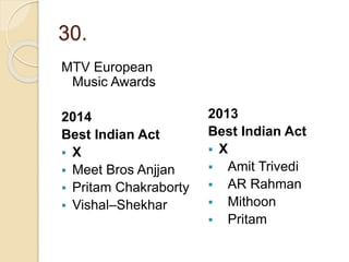 30.
MTV European
Music Awards
2014
Best Indian Act
 X
 Meet Bros Anjjan
 Pritam Chakraborty
 Vishal–Shekhar
2013
Best Indian Act
 X
 Amit Trivedi
 AR Rahman
 Mithoon
 Pritam
 