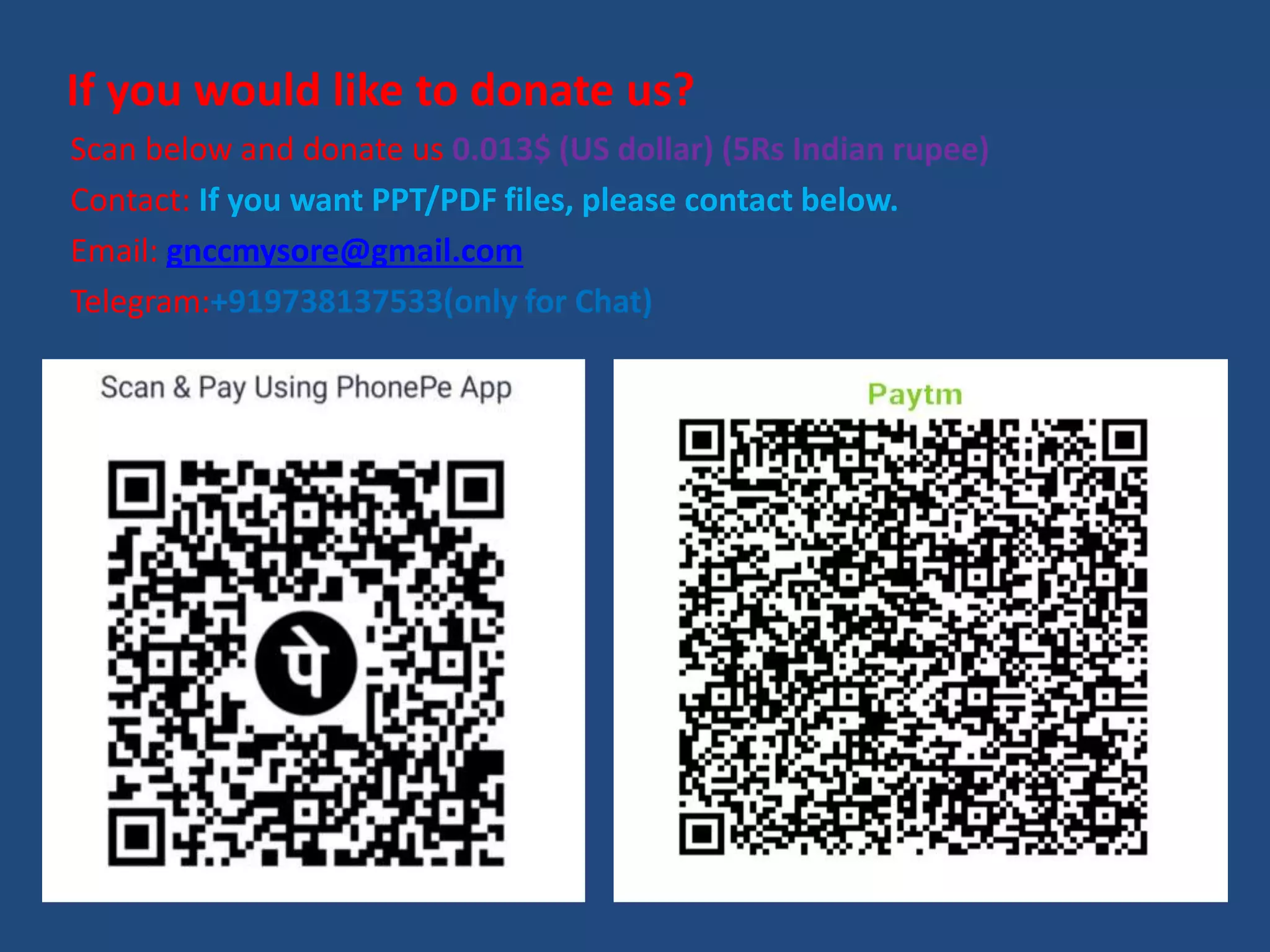 If you would like to donate us?
Scan below and donate us 0.013$ (US dollar) (5Rs Indian rupee)
Contact: If you want PPT/PDF files, please contact below.
Email: gnccmysore@gmail.com
Telegram:+919738137533(only for Chat)