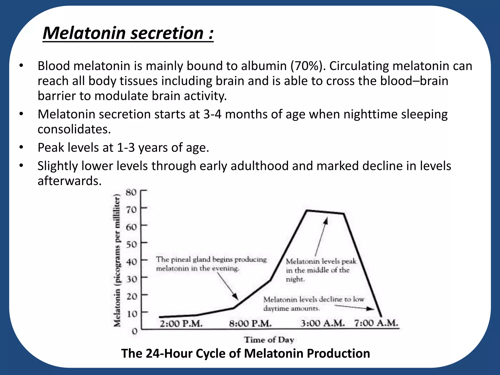 • Blood melatonin is mainly bound to albumin (70%). Circulating melatonin can
reach all body tissues including brain and is able to cross the blood–brain
barrier to modulate brain activity.
• Melatonin secretion starts at 3-4 months of age when nighttime sleeping
consolidates.
• Peak levels at 1-3 years of age.
• Slightly lower levels through early adulthood and marked decline in levels
afterwards.
Melatonin secretion :
The 24-Hour Cycle of Melatonin Production