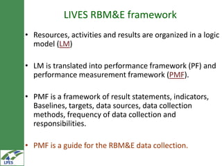 Monitoring, evaluation and learning and summary of baselines for the LIVES projects