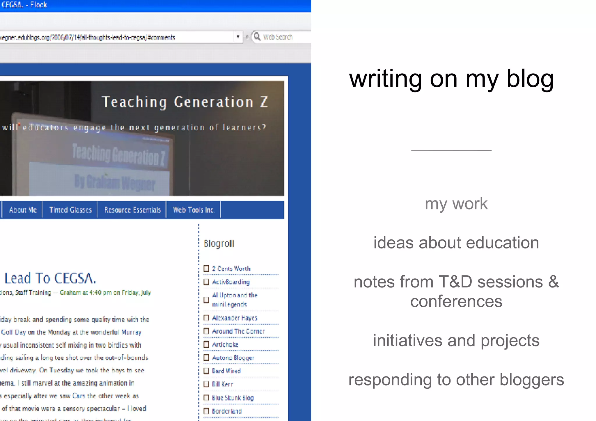 writing on my blog  my work ideas about education notes from T&D sessions & conferences initiatives and projects responding to other bloggers 