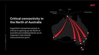 HYPERONE
COMMSDAY
2022
Critical connectivity in
the North of Australia
HyperOne’s terrestrial network is
critical to opening up the North of
Australia and enabling Darwin as an
important international
interconnection point.
 