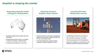 Amplitel is shaping the market
• Australia’s largest tower network with over
8,000 sites
• Supporting all carriers’ bids for co-funding
to improve coverage in regional areas
• Increased asset utilisation a core focus
Supporting expanded mobile
coverage for all Australians
• Customer access to new asset management
system live this month, enabling self service
for new and existing orders
• Innovative Digital Twin program helping
customers visualise equipment on site
Improving access to
Amplitel’s tower network
• Landbanking and build-to-suit programs
• Site acquisition, planning, and design
• Structural assessment and strengthening
• Equipment installation, commissioning, and
while-we-are-there maintenance services
Launching full tower
infrastructure services
Copyright Telstra InfraCo© Page 15
 