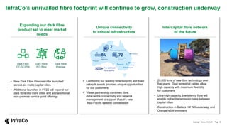 • 20,000 kms of new fibre technology over
five years. Dual terrestrial cables allow
high capacity with maximum flexibility
for customers
• Ultra-high capacity, low-latency fibre will
enable higher transmission rates between
capital cities
• Construction in Bakers Hill WA underway, and
Orange NSW imminent
Intercapital fibre network
of the future
InfraCo’s unrivalled fibre footprint will continue to grow, construction underway
• Combining our leading fibre footprint and fixed
network assets provides unique opportunities
for our customers
• Viasat partnership combines fibre,
data centre connectivity and network
management to support Viasat’s new
Asia-Pacific satellite constellation
Unique connectivity
to critical infrastructure
• New Dark Fibre Premise offer launched
across six metro capital cities
• Additional launches in FY22 will expand our
dark fibre into more cities and add additional
non-premise service point offerings
Expanding our dark fibre
product set to meet market
needs
Dark Fibre
DC-DC/POI
Dark Fibre
Premise
Dark Fibre
POI Ring
Copyright Telstra InfraCo© Page 16
 