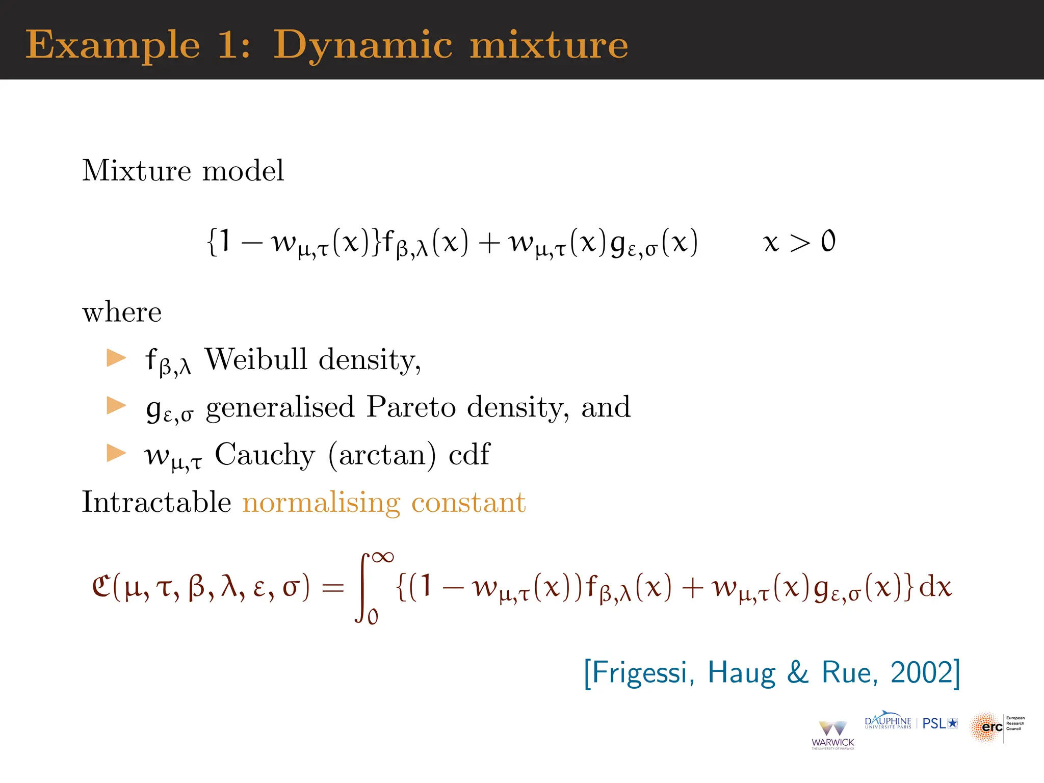 Example 1: Dynamic mixture
Mixture model
{1 − wµ,τ(x)}fβ,λ(x) + wµ,τ(x)gε,σ(x) x  0
where
▶ fβ,λ Weibull density,
▶ gε,σ generalised Pareto density, and
▶ wµ,τ Cauchy (arctan) cdf
Intractable normalising constant
C(µ, τ, β, λ, ε, σ) =
Z∞
0
{(1 − wµ,τ(x))fβ,λ(x) + wµ,τ(x)gε,σ(x)} dx
[Frigessi, Haug  Rue, 2002]
 