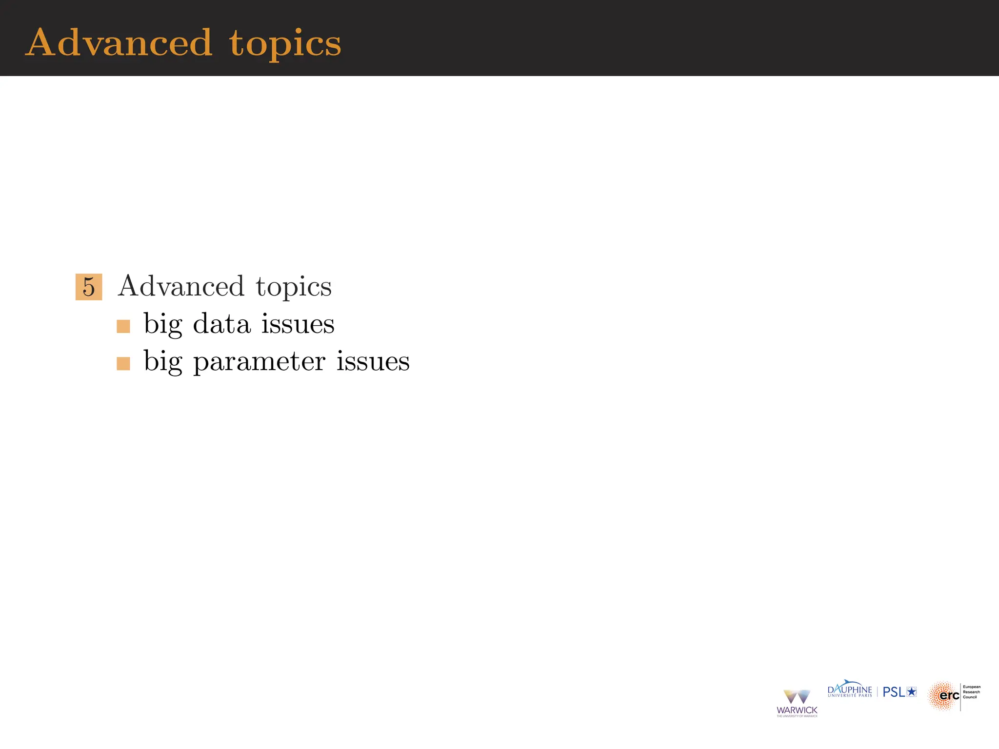 Advanced topics
5 Advanced topics
big data issues
big parameter issues
 