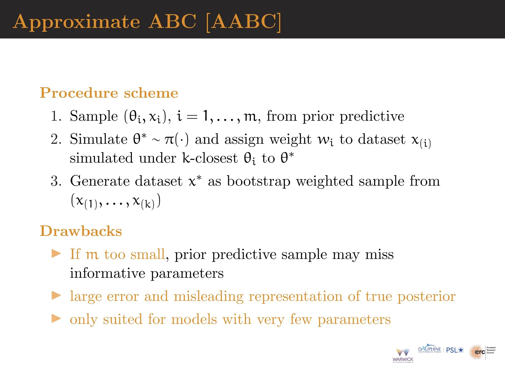Approximate ABC [AABC]
Procedure scheme
1. Sample (θi, xi), i = 1, . . . , m, from prior predictive
2. Simulate θ∗ ∼ π(·) and assign weight wi to dataset x(i)
simulated under k-closest θi to θ∗
3. Generate dataset x∗ as bootstrap weighted sample from
(x(1), . . . , x(k))
Drawbacks
▶ If m too small, prior predictive sample may miss
informative parameters
▶ large error and misleading representation of true posterior
▶ only suited for models with very few parameters
 