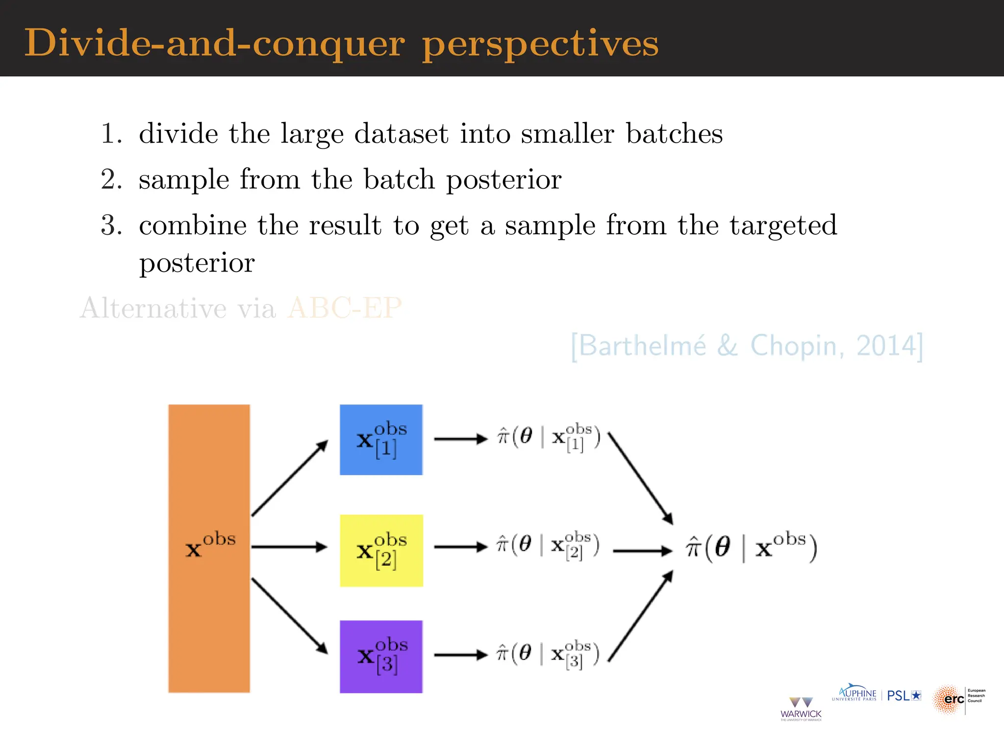 Divide-and-conquer perspectives
1. divide the large dataset into smaller batches
2. sample from the batch posterior
3. combine the result to get a sample from the targeted
posterior
Alternative via ABC-EP
[Barthelmé  Chopin, 2014]
 