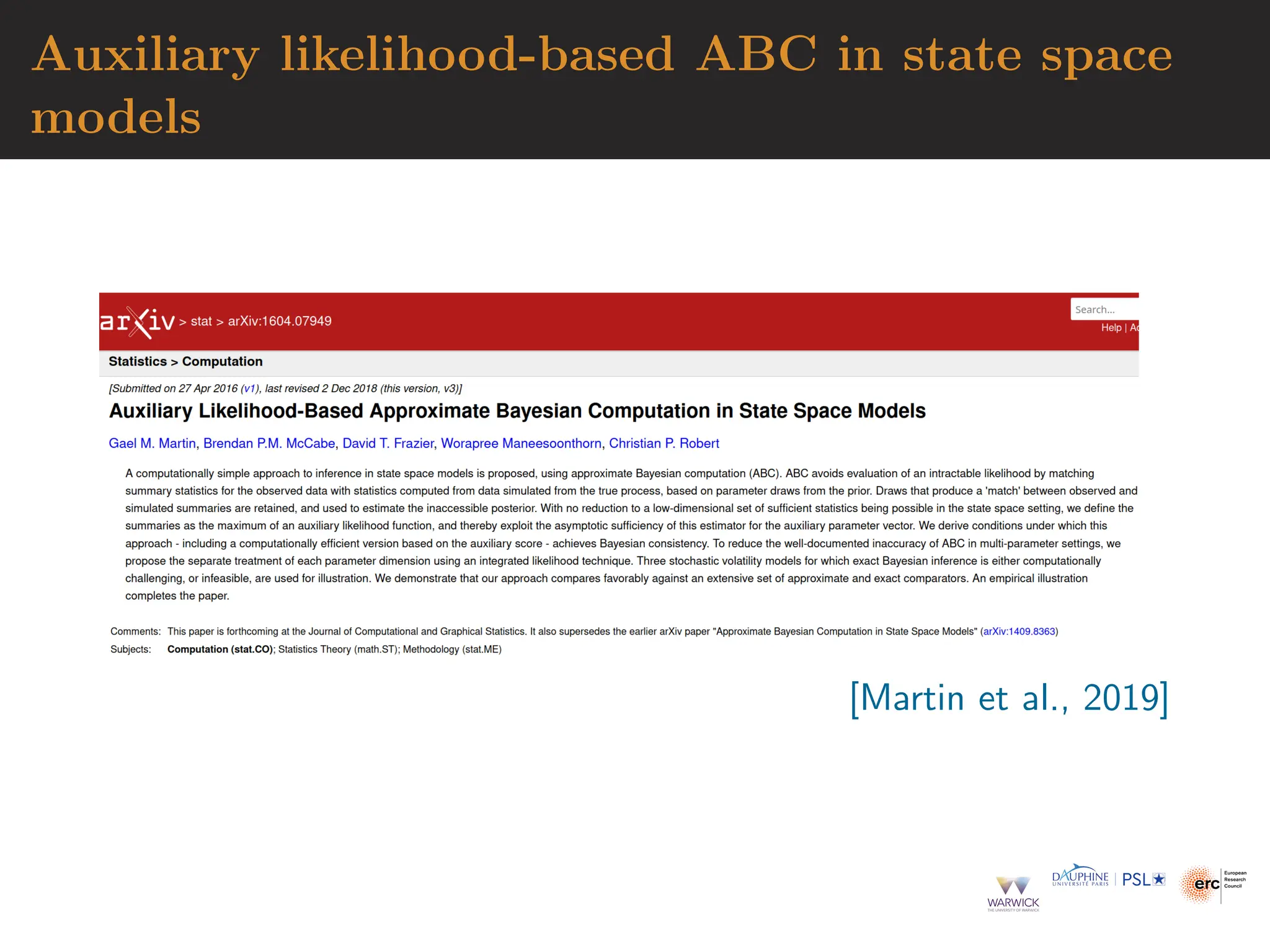 Auxiliary likelihood-based ABC in state space
models
[Martin et al., 2019]
 