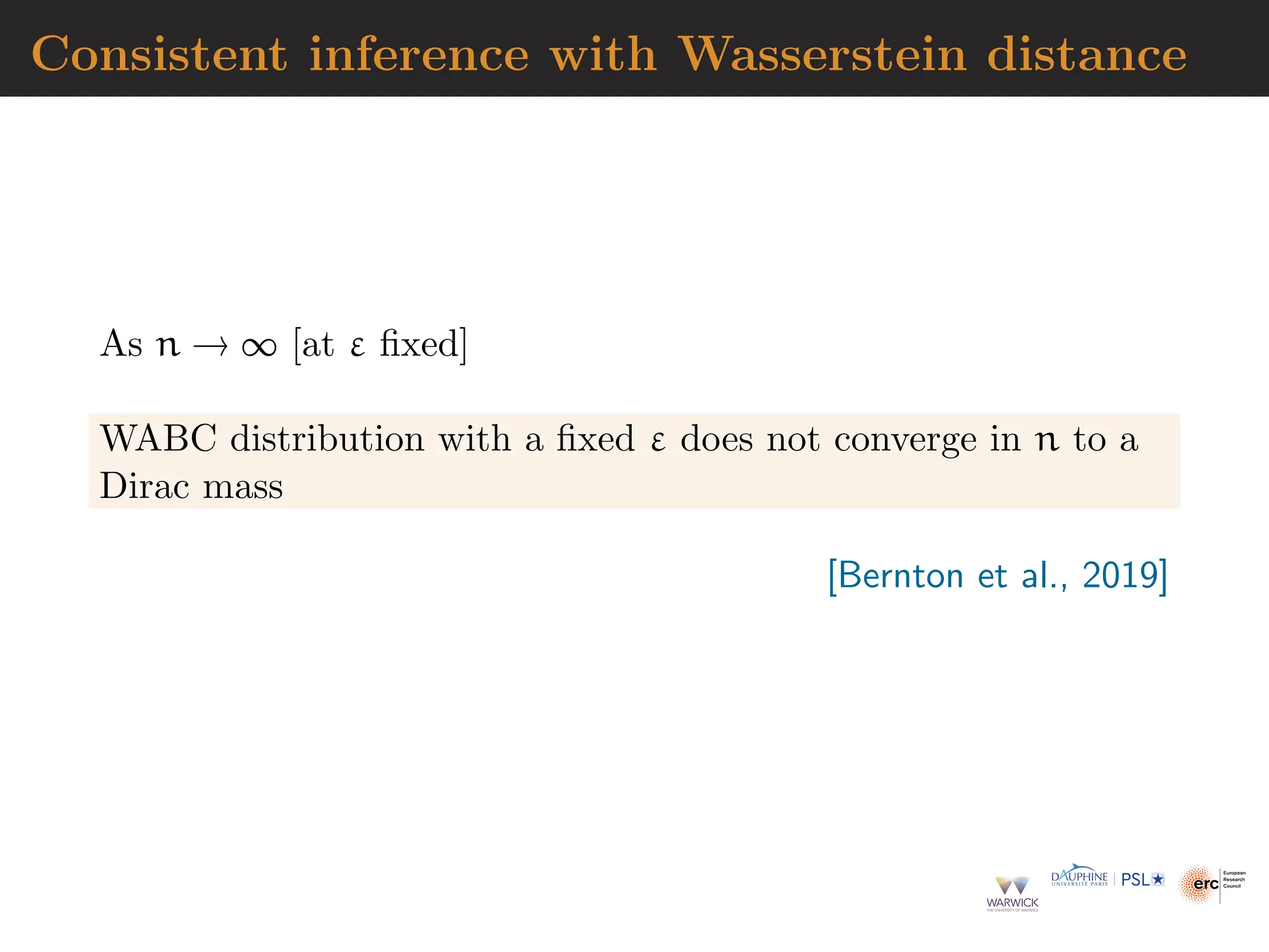 Consistent inference with Wasserstein distance
As n → ∞ [at ε fixed]
WABC distribution with a fixed ε does not converge in n to a
Dirac mass
[Bernton et al., 2019]
 