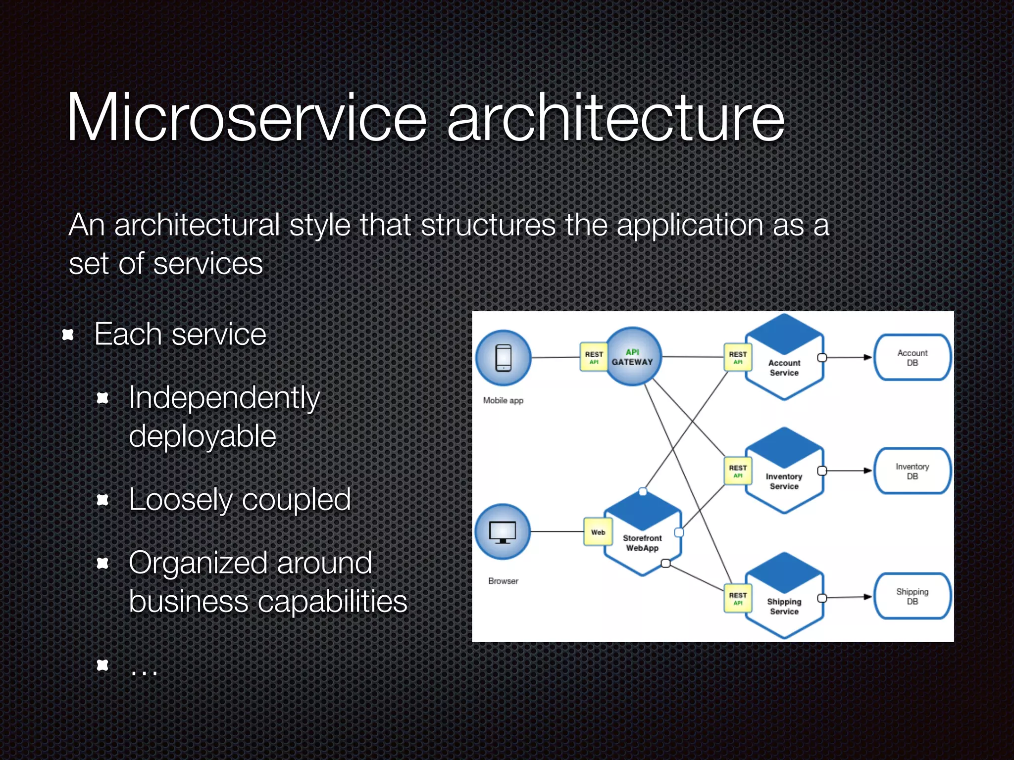 Microservice architecture
Each service
Independently
deployable
Loosely coupled
Organized around
business capabilities
…
An architectural style that structures the application as a
set of services
 