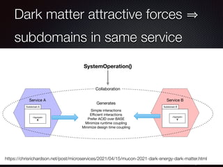 @crichardson
Dark matter attractive forces
subdomains in same service
https://chrisrichardson.net/post/microservices/2021/04/15/mucon-2021-dark-energy-dark-matter.html
Subdomain A
«Aggregate»
X
Subdomain B
«Aggregate»
Y
Service A Service B
Simple interactions
Eﬃcient interactions
Prefer ACID over BASE
Minimize runtime coupling
Minimize design time coupling
Generates
SystemOperation()
Collaboration
 