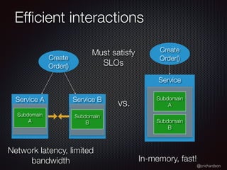 @crichardson
Ef
fi
cient interactions
Create
Order()
Service
Subdomain
A
Subdomain
B
Service B
Service A
Subdomain
A
Subdomain
B
Create
Order()
Network latency, limited
bandwidth In-memory, fast!
vs.
Must satisfy
SLOs
 
