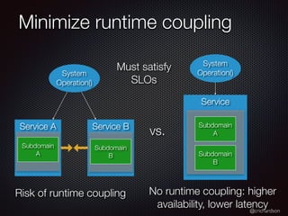 @crichardson
Minimize runtime coupling
System
Operation()
Service
Subdomain
A
Subdomain
B
Service B
Service A
Subdomain
A
Subdomain
B
System
Operation()
Risk of runtime coupling No runtime coupling: higher
availability, lower latency
vs.
Must satisfy
SLOs
 