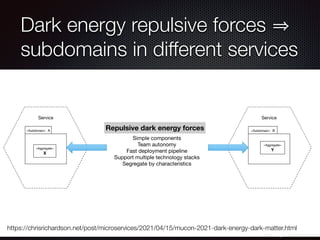 @crichardson
Dark energy repulsive forces
subdomains in different services
https://chrisrichardson.net/post/microservices/2021/04/15/mucon-2021-dark-energy-dark-matter.html
Service
Service
«Subdomain» A
«Aggregate»
X
«Subdomain» B
«Aggregate»
Y
Simple components
Team autonomy
Fast deployment pipeline
Support multiple technology stacks
Segregate by characteristics
Repulsive dark energy forces
 