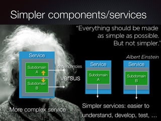 @crichardson
Simpler components/services
Service
Service
Service
Subdomain
A
Subdomain
A
Subdomain
B
Subdomain
B
More complex service
Simpler services: easier to
understand, develop, test, …
versus
dependencies
 